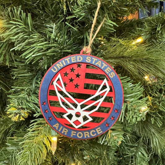 “Air Force Proud” Hand-Painted Ornament with Tribute Card | Layered Wood Military Keepsake