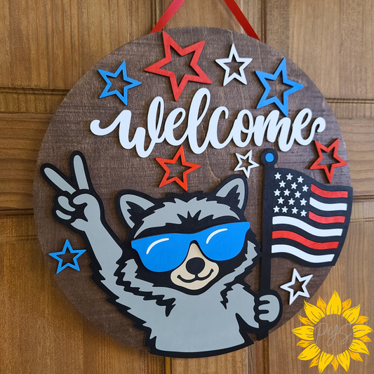 Patriotic Raccoon Welcome Wooden Door Hanger | American Flag Front Door Sign | Red, White & Blue Home Decor