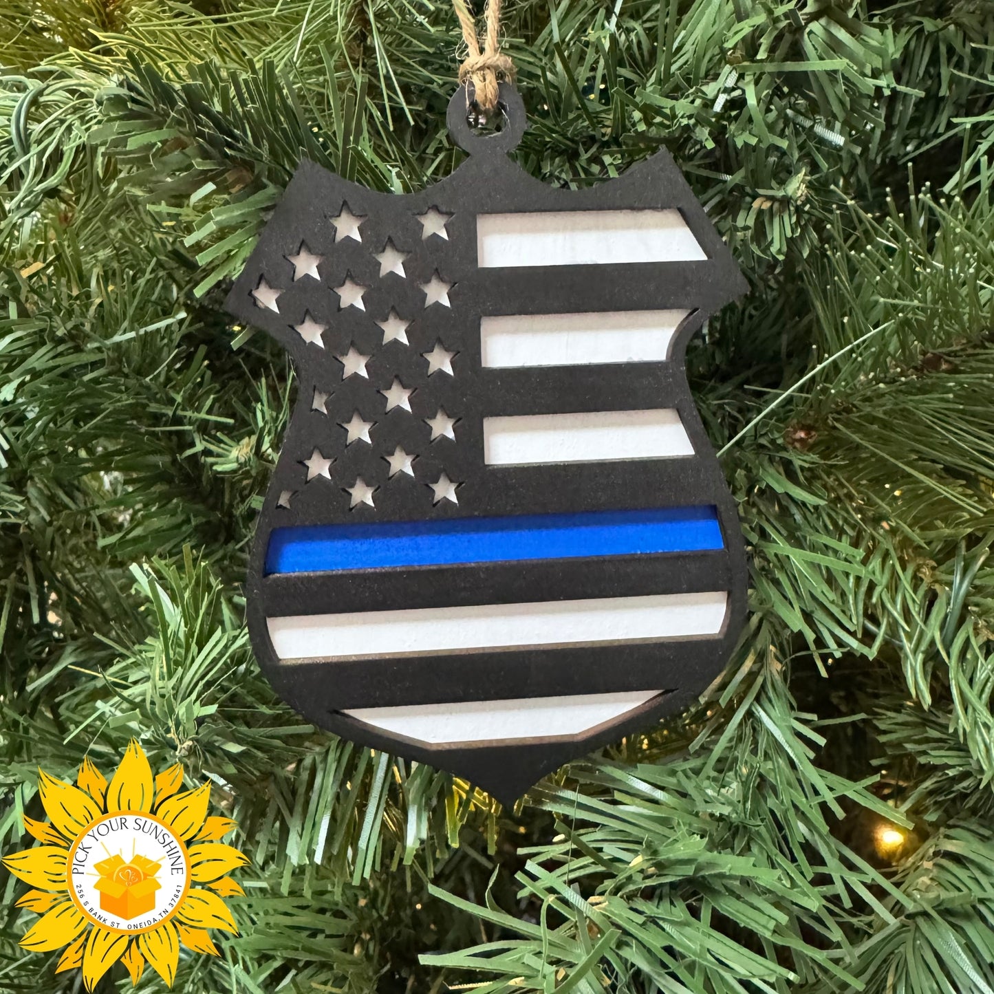 “Thin Blue Line” Hand-Painted Police Badge Ornament with Thank You Card – Layered Wood Tribute