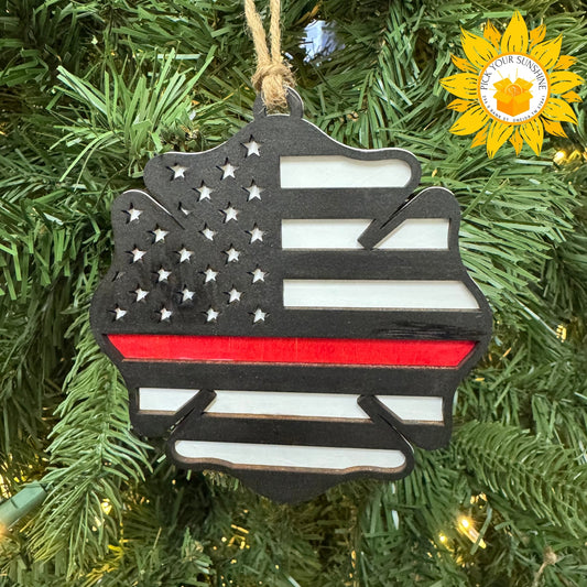 “Thin Red Line” Hand-Painted Firefighter Ornament with Thank You Card | Layered Wood Tribute