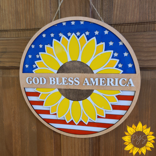 God Bless America Sunflower Wooden Door Hanger | Patriotic Front Door Sign | Americana Home Decor