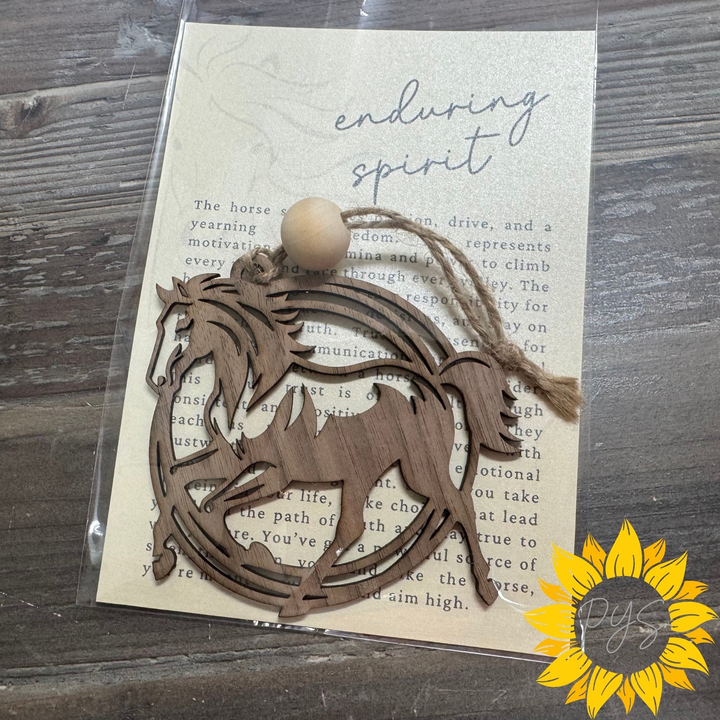 Enduring Spirit Horse Wood Ornament/Tag — Wild Horse Silhouette + 5x7 Meaning Card
