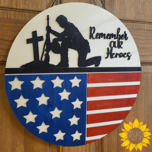Remember Our Heroes Wooden Door Hanger | Patriotic Memorial Day Front Door Sign | Military Tribute Decor