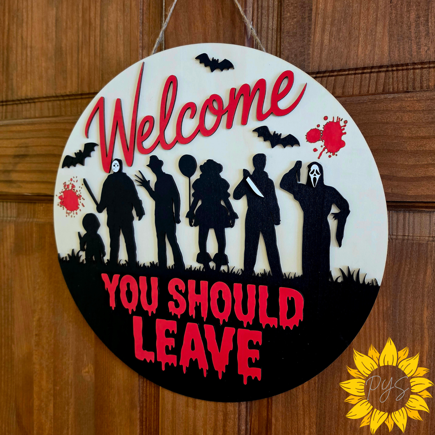 15" Welcome You Should Leave Halloween Door Hanger | Horror Movie Wooden Sign | Spooky Front Door Decor
