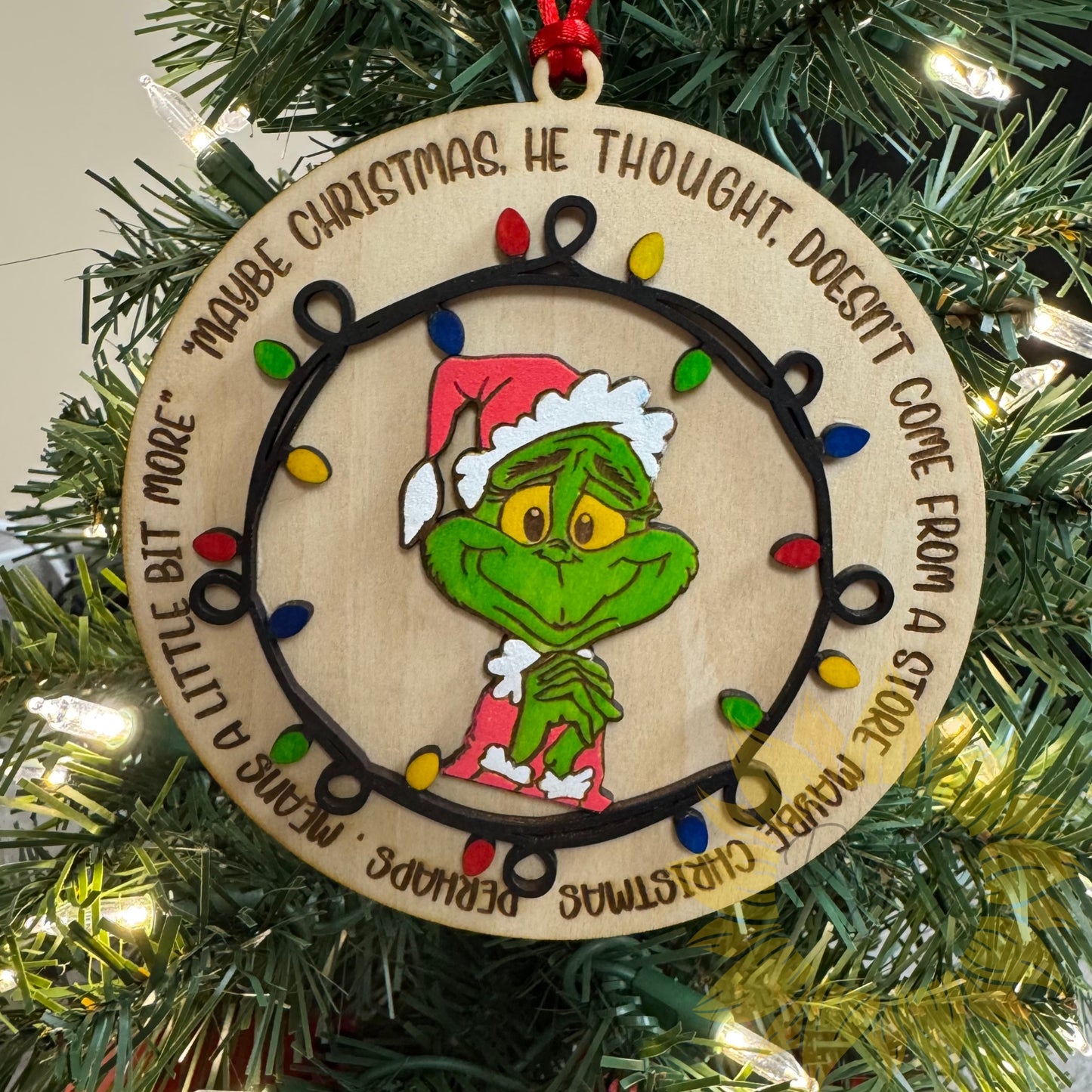“Maybe Christmas Means a Little Bit More” Grinch Wooden Ornament with Christmas Lights | Holiday Tree Decor