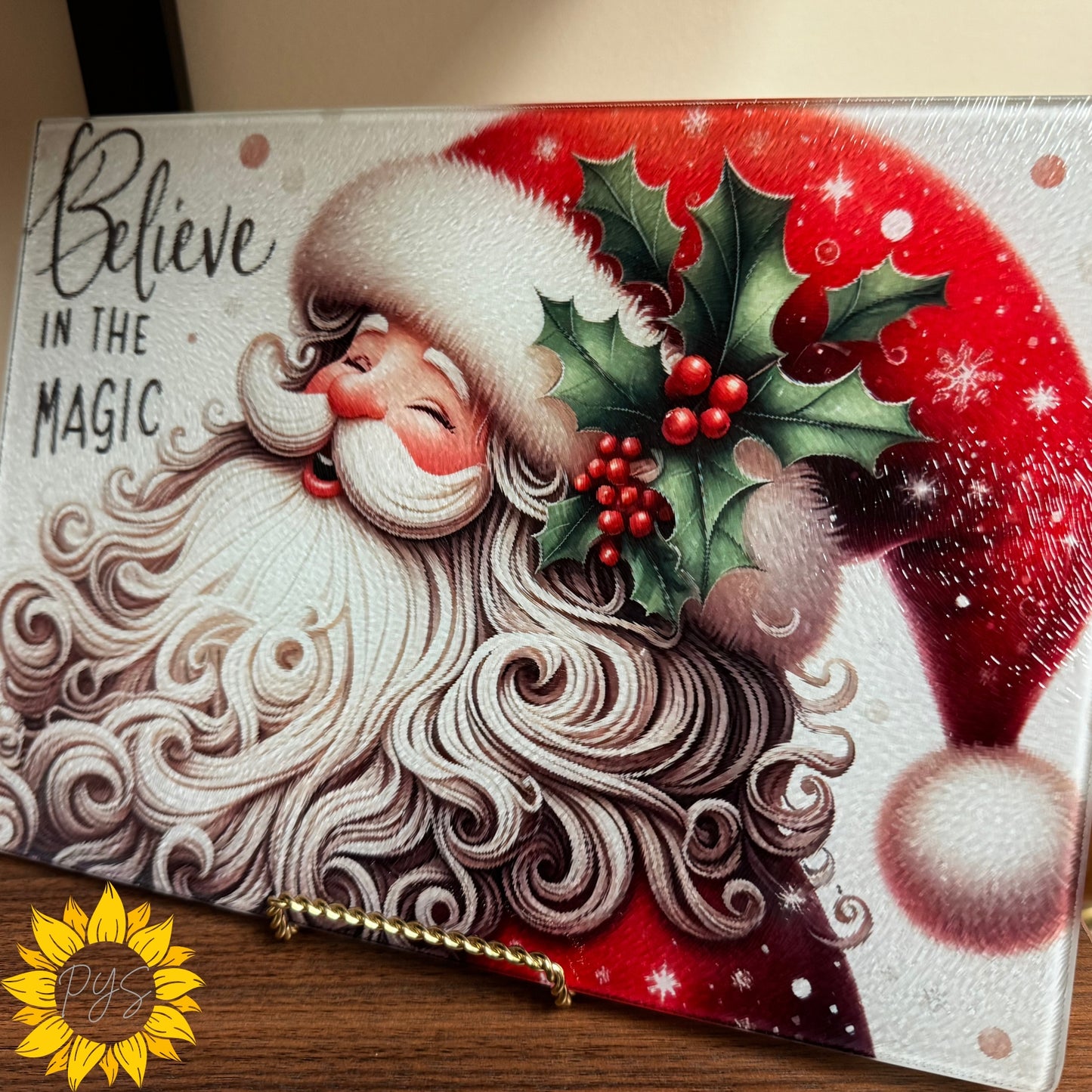 “Believe in the Magic” Christmas Santa Tempered Glass Cutting Board
