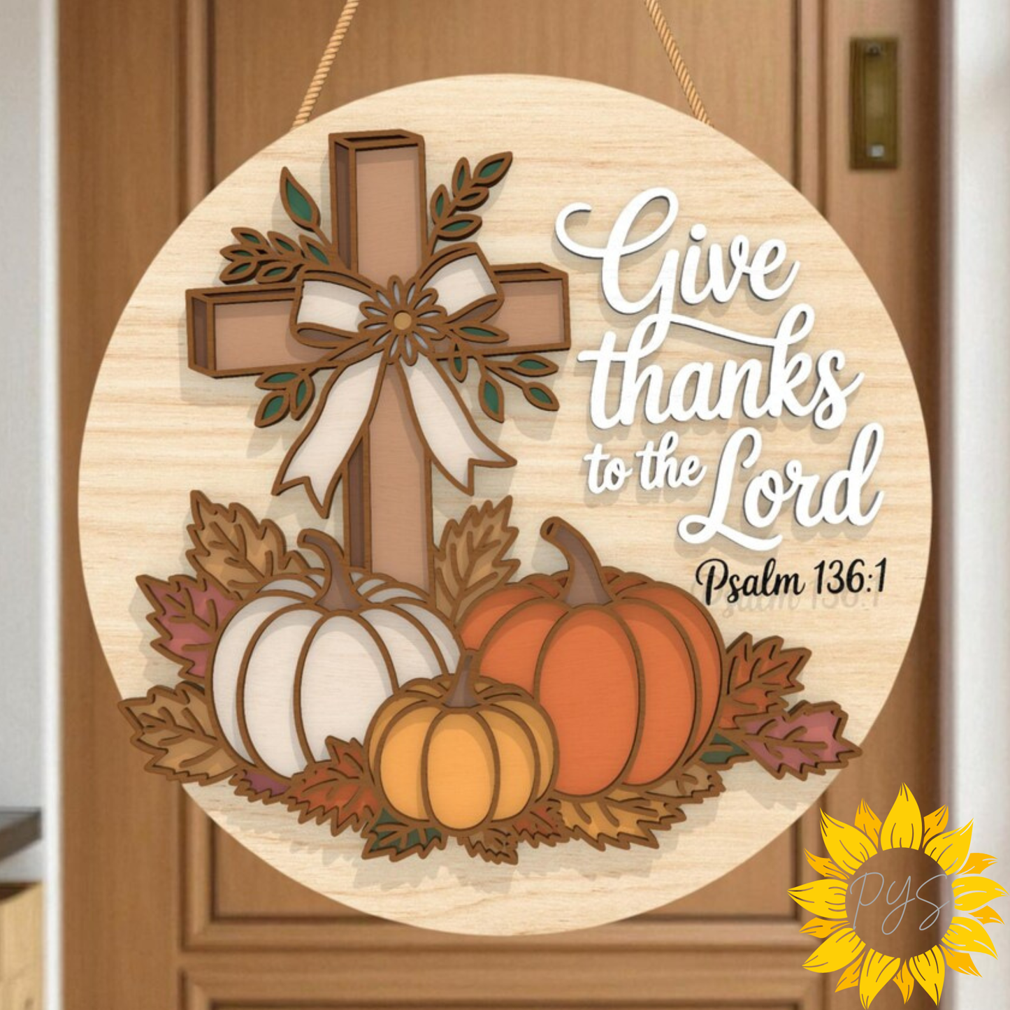 π 15" Give Thanks to the Lord Fall Door Hanger | Christian Thanksgiving Sign | Pumpkin Cross Decor
