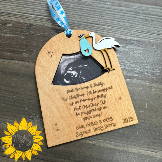 Baby Boy Christmas Ultrasound Ornament/Tag (custom year) — Stork Wood Keepsake + 5x7 Gingham Card