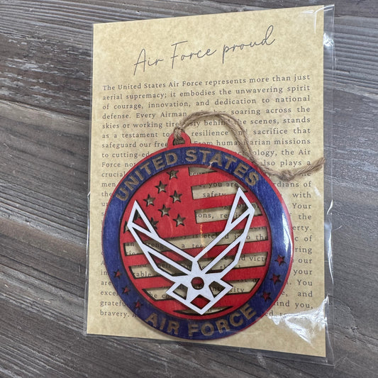“Air Force Proud” Hand-Painted Ornament with Tribute Card | Layered Wood Military Keepsake