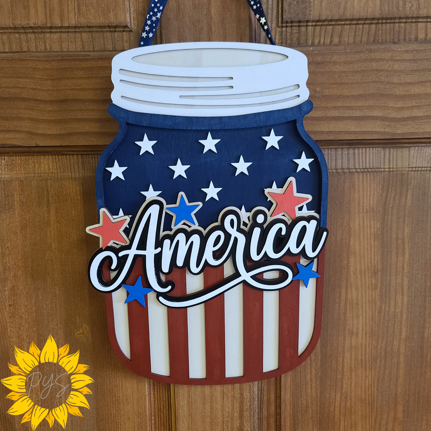America Mason Jar Wooden Door Hanger | Patriotic Front Door Sign | Red, White & Blue Americana Decor