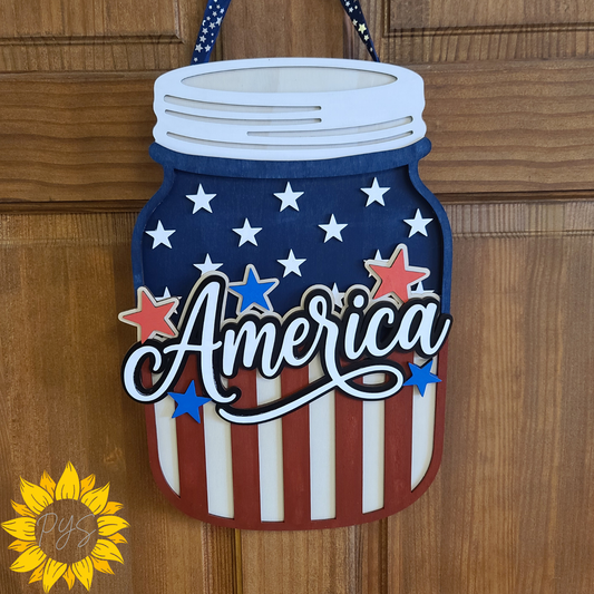 America Mason Jar Wooden Door Hanger | Patriotic Front Door Sign | Red, White & Blue Americana Decor