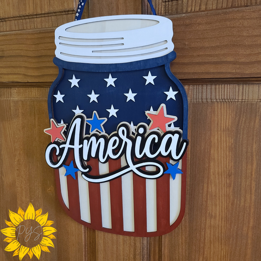 America Mason Jar Wooden Door Hanger | Patriotic Front Door Sign | Red, White & Blue Americana Decor