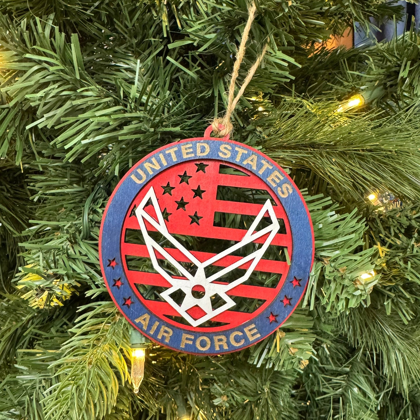 “Air Force Proud” Hand-Painted Ornament with Tribute Card | Layered Wood Military Keepsake
