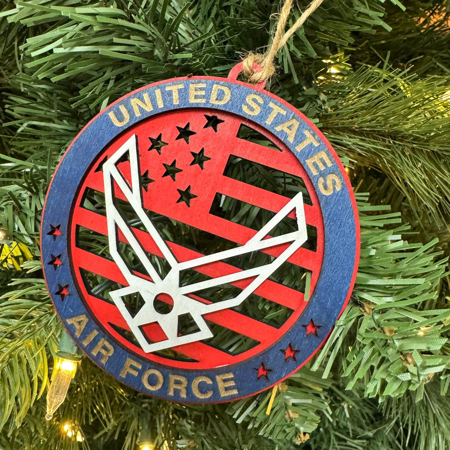“Air Force Proud” Hand-Painted Ornament with Tribute Card | Layered Wood Military Keepsake
