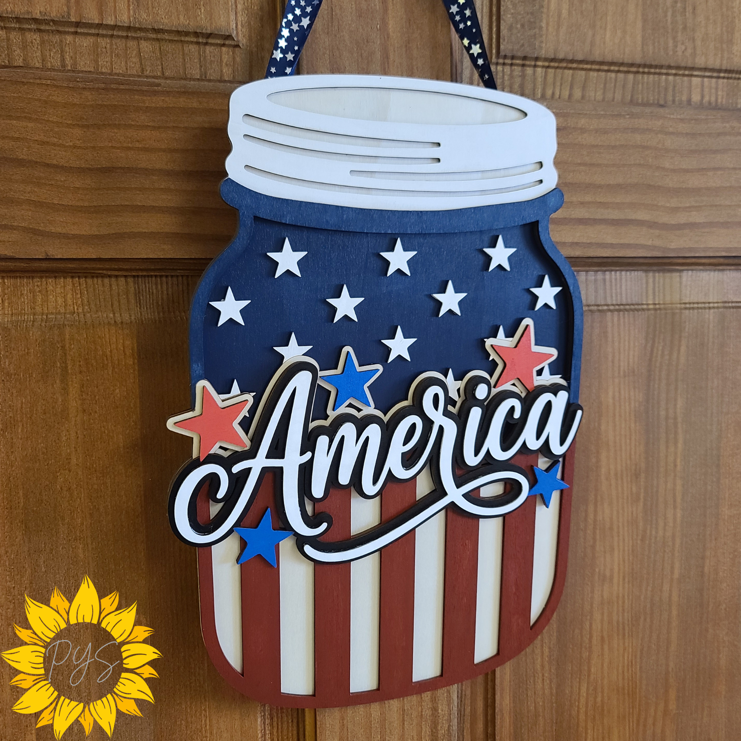 America Mason Jar Wooden Door Hanger | Patriotic Front Door Sign | Red, White & Blue Americana Decor