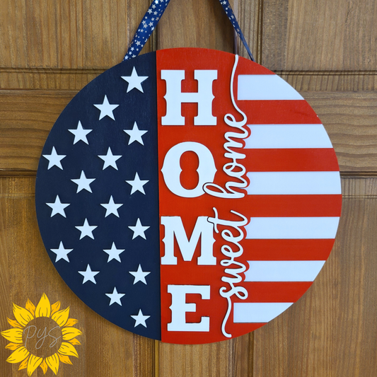 Home Sweet Home Patriotic Wooden Door Hanger | American Flag Front Door Sign | Red, White & Blue Home Decor