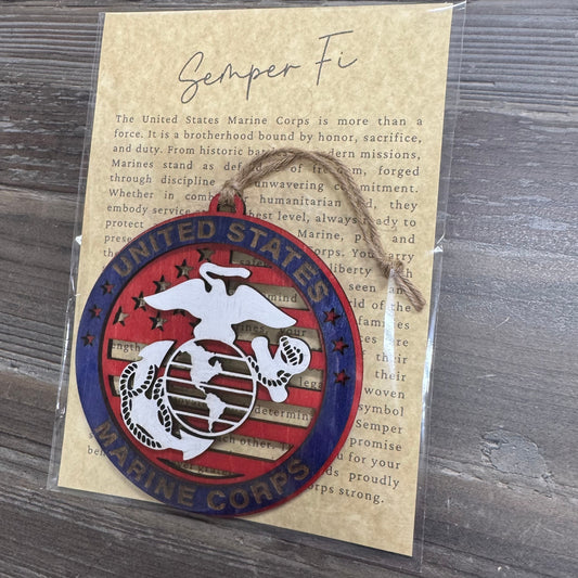 “Semper Fi” Hand-Painted Ornament with Tribute Card | Layered Wood Keepsake