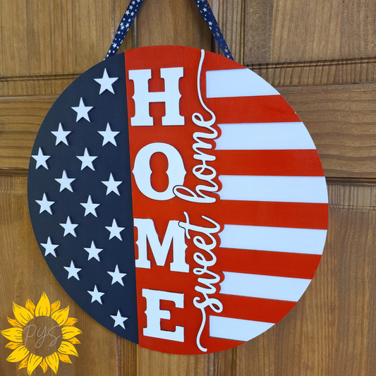 Home Sweet Home Patriotic Wooden Door Hanger | American Flag Front Door Sign | Red, White & Blue Home Decor