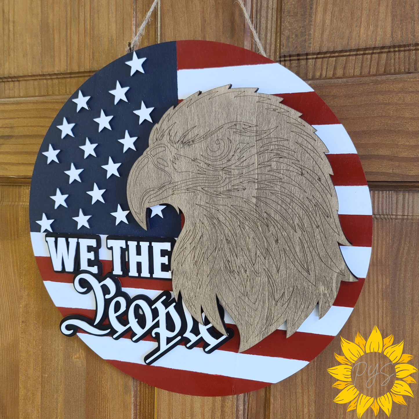 We the People Patriotic Wooden Door Hanger | American Flag & Bald Eagle Front Door Sign | Americana Decor