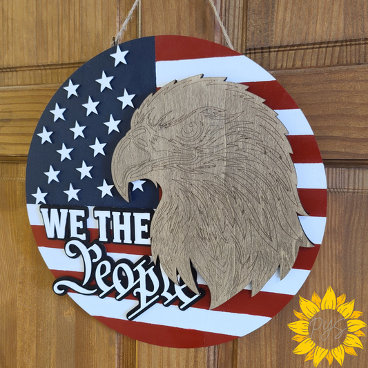 We the People Patriotic Wooden Door Hanger | American Flag & Bald Eagle Front Door Sign | Americana Decor