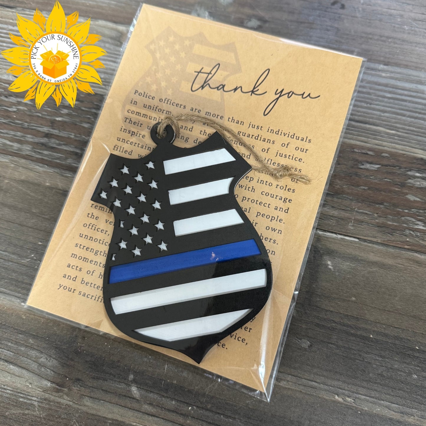 “Thin Blue Line” Hand-Painted Police Badge Ornament with Thank You Card – Layered Wood Tribute