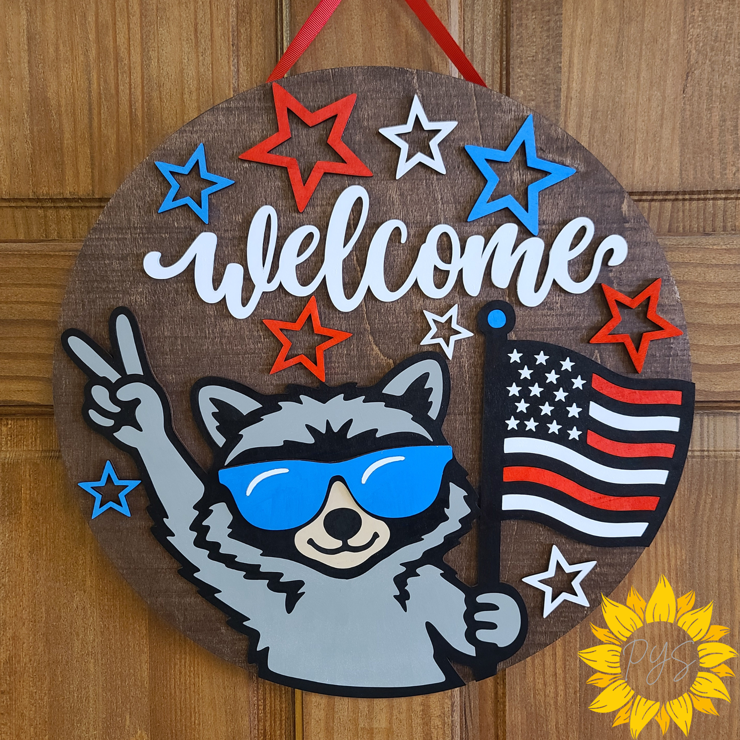 Patriotic Raccoon Welcome Wooden Door Hanger | American Flag Front Door Sign | Red, White & Blue Home Decor
