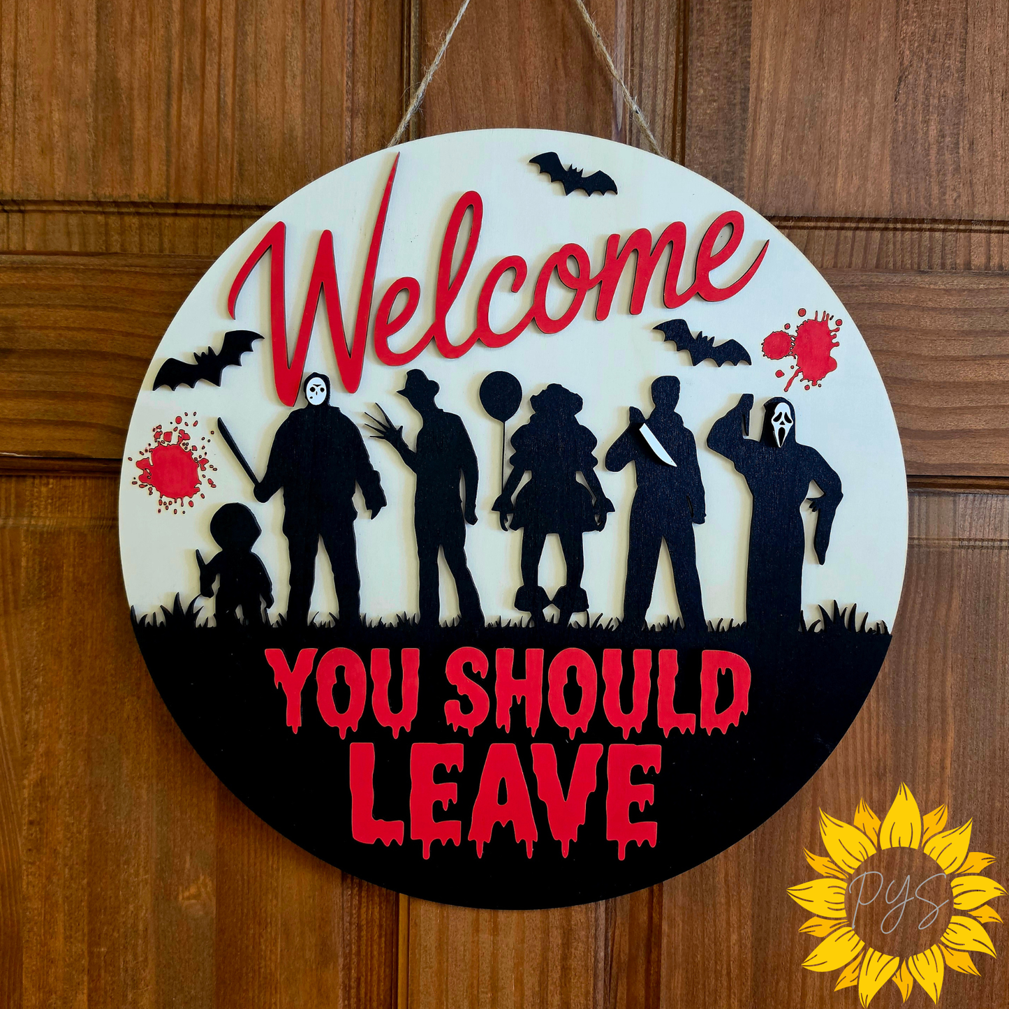 15" Welcome You Should Leave Halloween Door Hanger | Horror Movie Wooden Sign | Spooky Front Door Decor