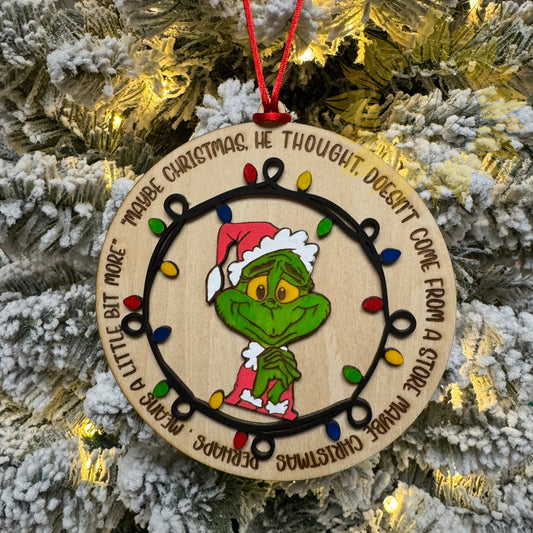 “Maybe Christmas Means a Little Bit More” Grinch Wooden Ornament with Christmas Lights | Holiday Tree Decor