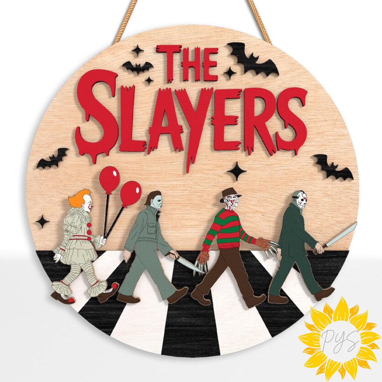 🎃 15" The Slayers Horror Halloween Door Hanger | Spooky Movie-Inspired Wooden Sign | Halloween Front Door Decor