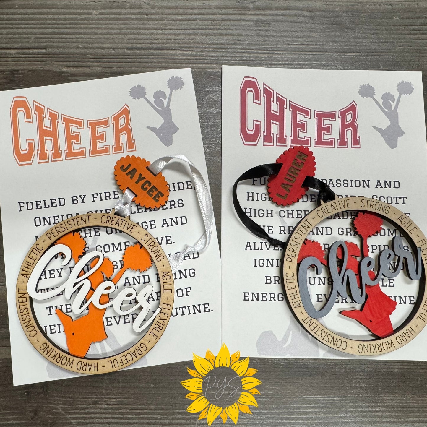 Custom Cheerleader Tag — Personalized Layered Wood Cheer Gift with 5x7 Card