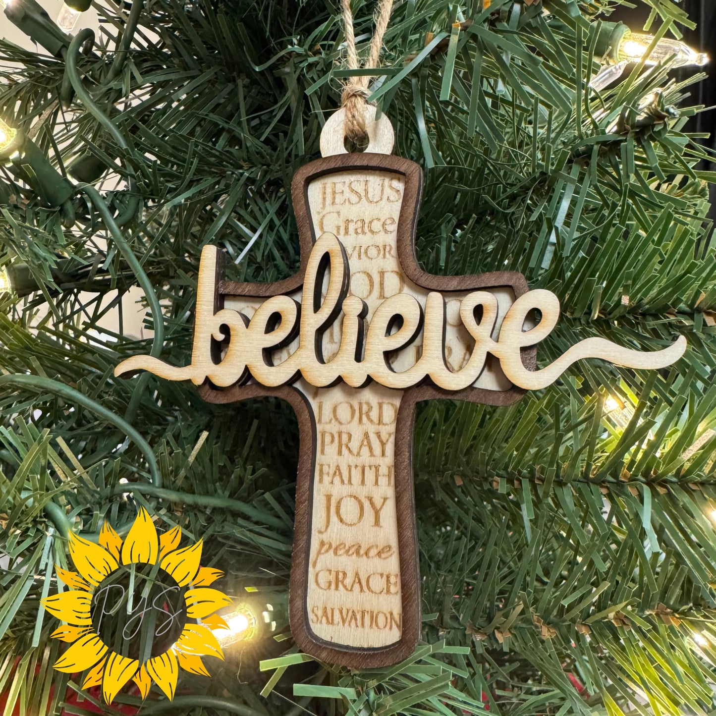 Believe Cross Ornament | Christian Christmas Ornament | Laser Cut Wood Ornament 4x4.5 | Faith Holiday Decor Gift