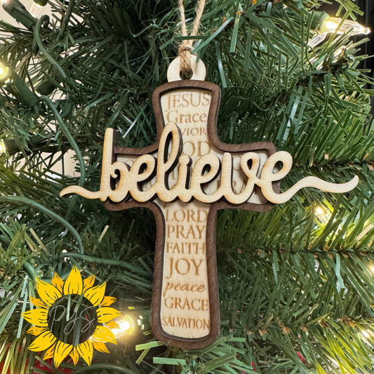 Believe Cross Ornament | Christian Christmas Ornament | Laser Cut Wood Ornament 4x4.5 | Faith Holiday Decor Gift