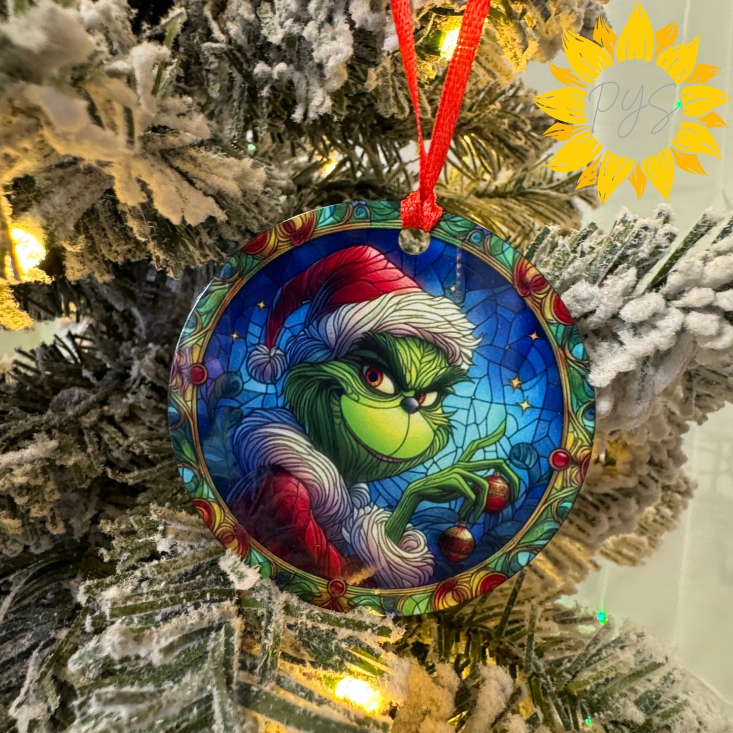 Stained Glass Grinch Double-Sided Metal Ornament – 3.5" Christmas Tree Decoration