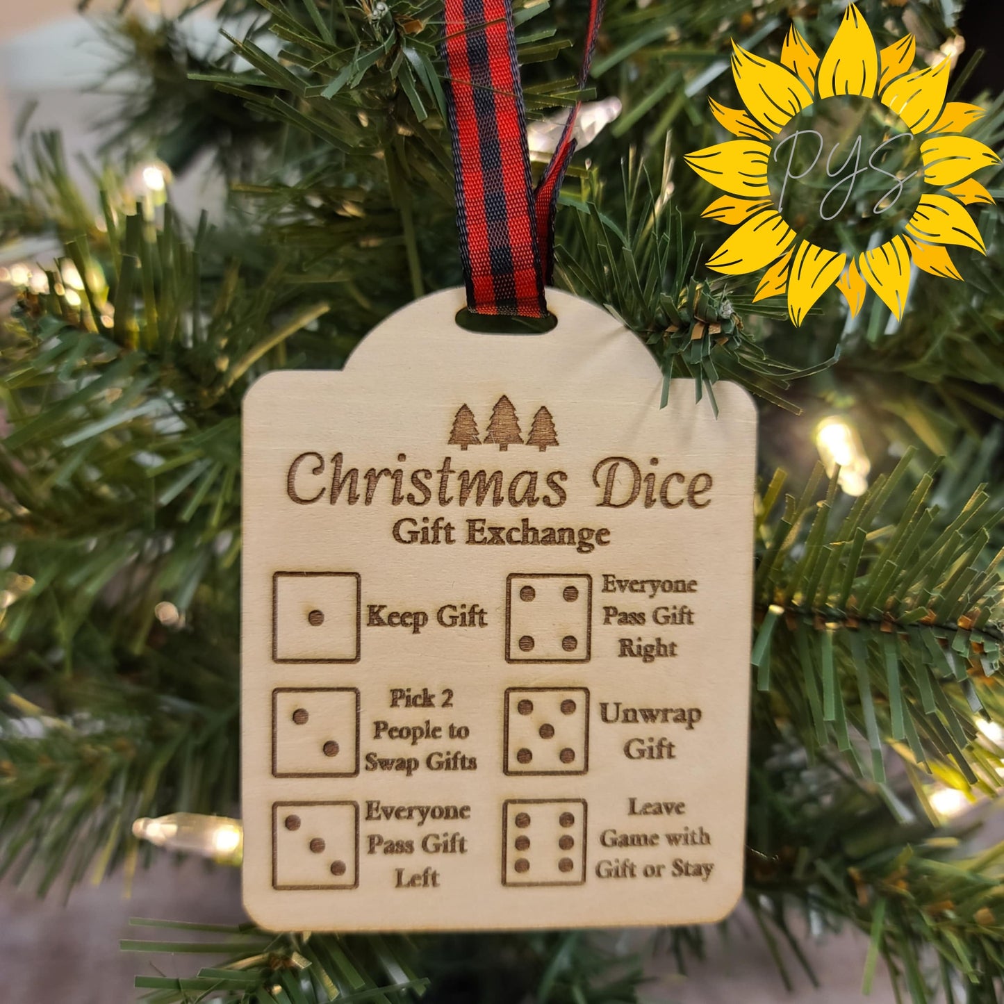 Christmas Gift Exchange with Red Dice | Holiday Party Ornament | Wood Ornament Game