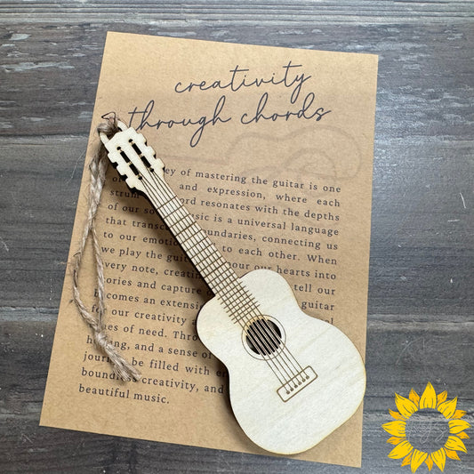 Creativity Through Chords Guitar Ornament — Layered Wood Keepsake + 5x7 Card (optional personalization)