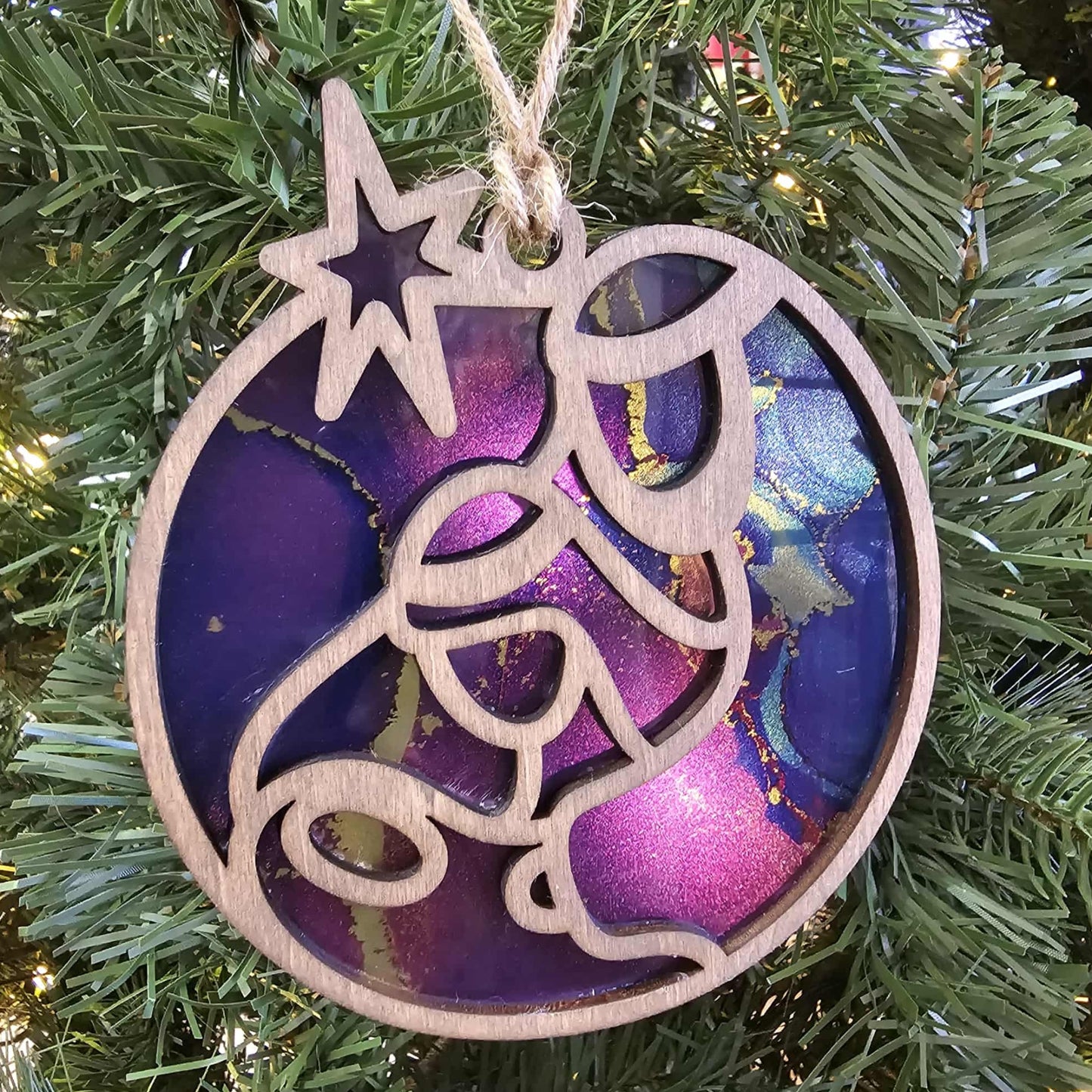 “O Holy Night” Nativity Ornament Layered Wood with Stained Glass Effect