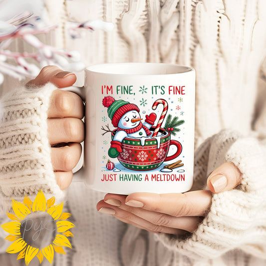 I’m Fine It’s Fine Just Having a Meltdown Snowman Mug | Funny Christmas 15oz Coffee Mug