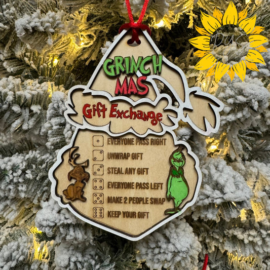 Grinchmas Gift Exchange Ornament | Layered Hand-Painted Wood Ornament with Red Dice | Funny Holiday Game Ornament