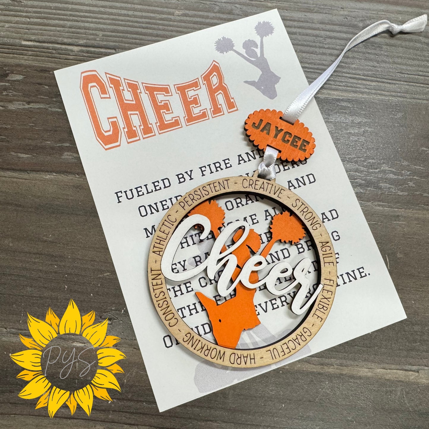 Custom Cheerleader Tag — Personalized Layered Wood Cheer Gift with 5x7 Card