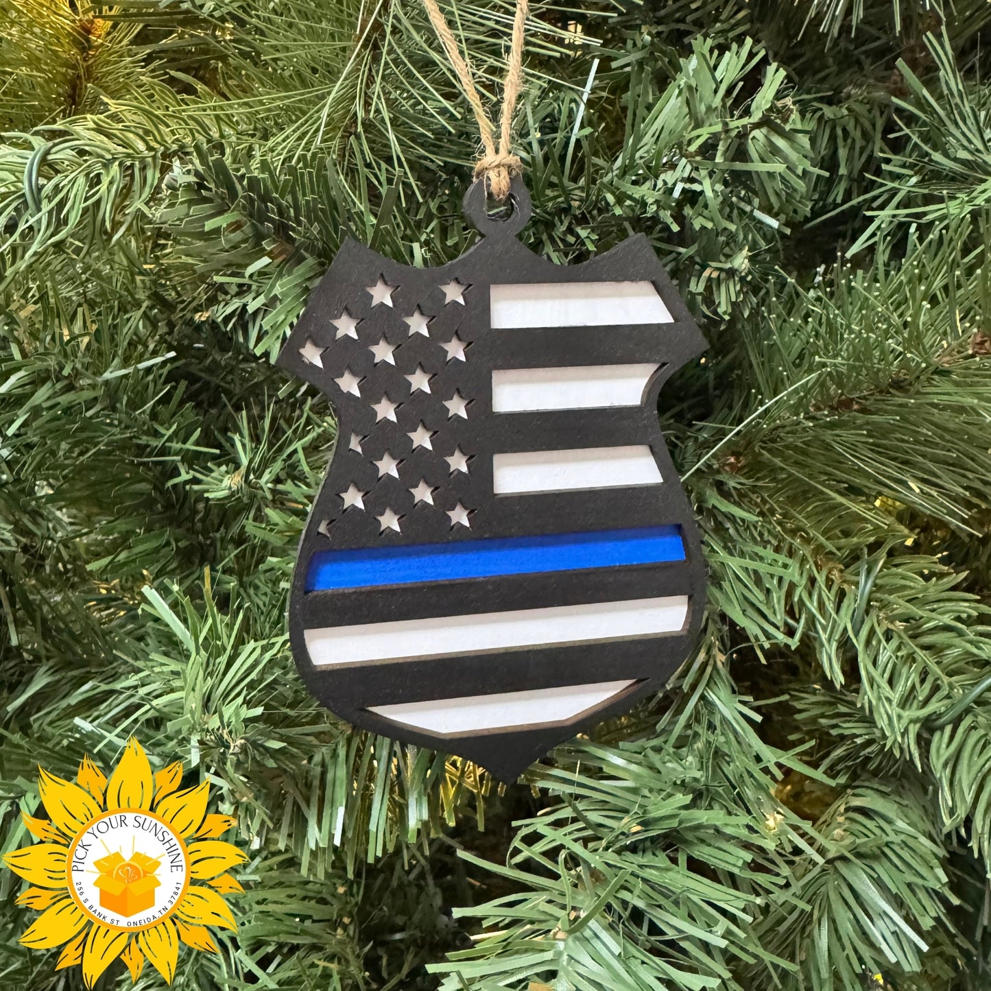 “Thin Blue Line” Hand-Painted Police Badge Ornament with Thank You Card – Layered Wood Tribute