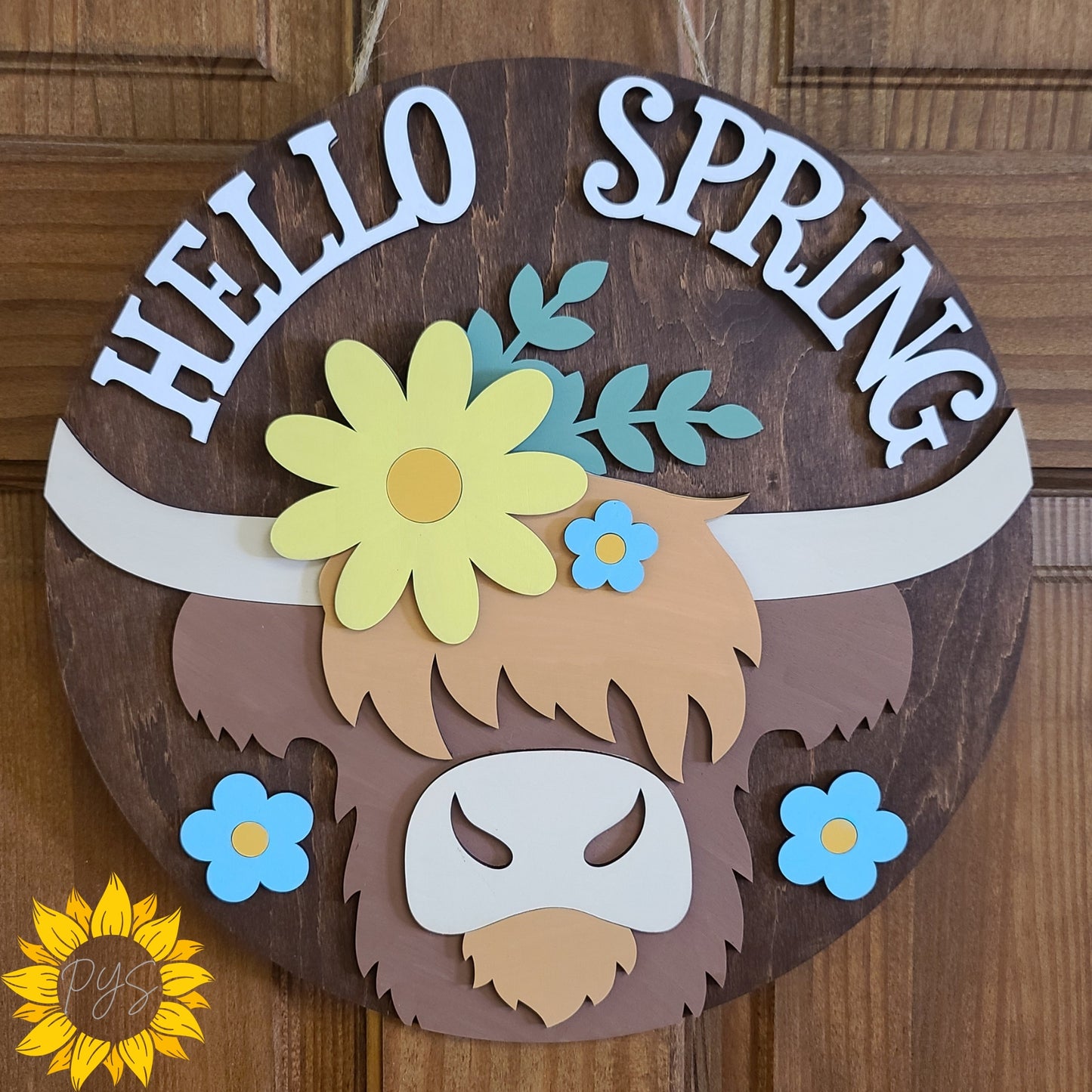 Hello Spring Highland Cow Door Sign 🌼 12” Wooden Farmhouse Decor