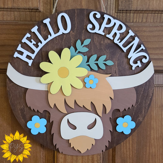 Hello Spring Highland Cow Door Sign 🌼 12” Wooden Farmhouse Decor