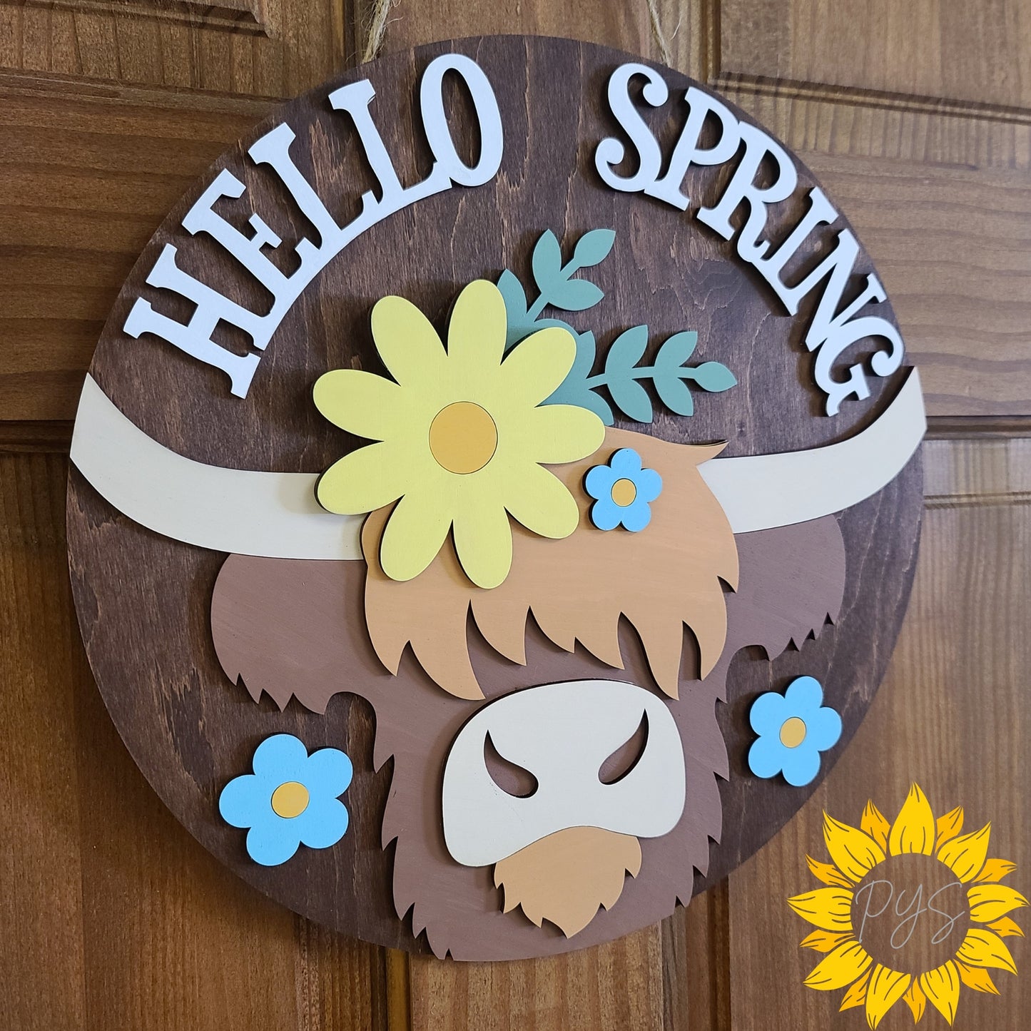 Hello Spring Highland Cow Door Sign 🌼 12” Wooden Farmhouse Decor