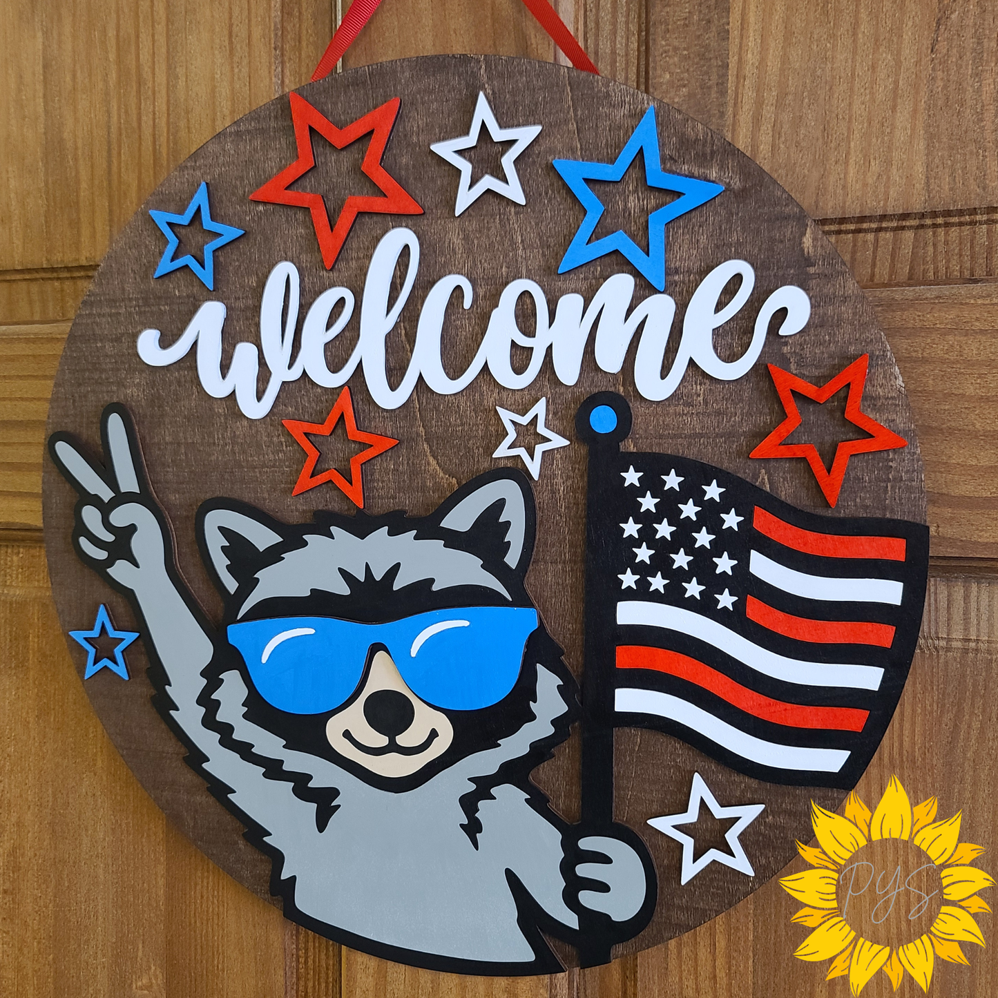 Patriotic Raccoon Welcome Wooden Door Hanger | American Flag Front Door Sign | Red, White & Blue Home Decor