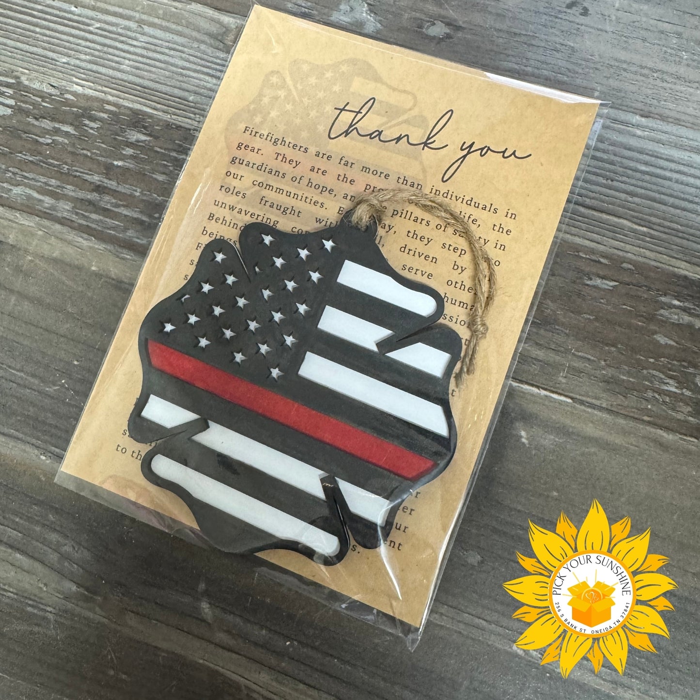 “Thin Red Line” Hand-Painted Firefighter Ornament with Thank You Card | Layered Wood Tribute