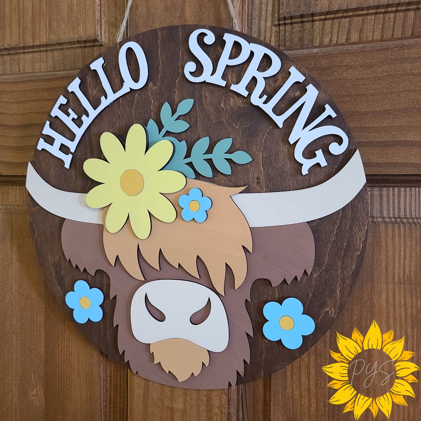 Hello Spring Highland Cow Door Sign 🌼 12” Wooden Farmhouse Decor