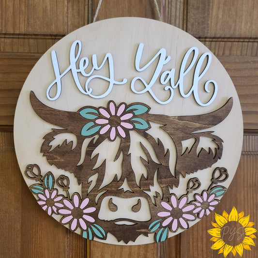 Hey Y’all Highland Cow Door Sign 🌸 12” Wooden Farmhouse Decor