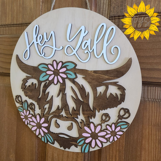 Hey Y’all Highland Cow Door Sign 🌸 12” Wooden Farmhouse Decor