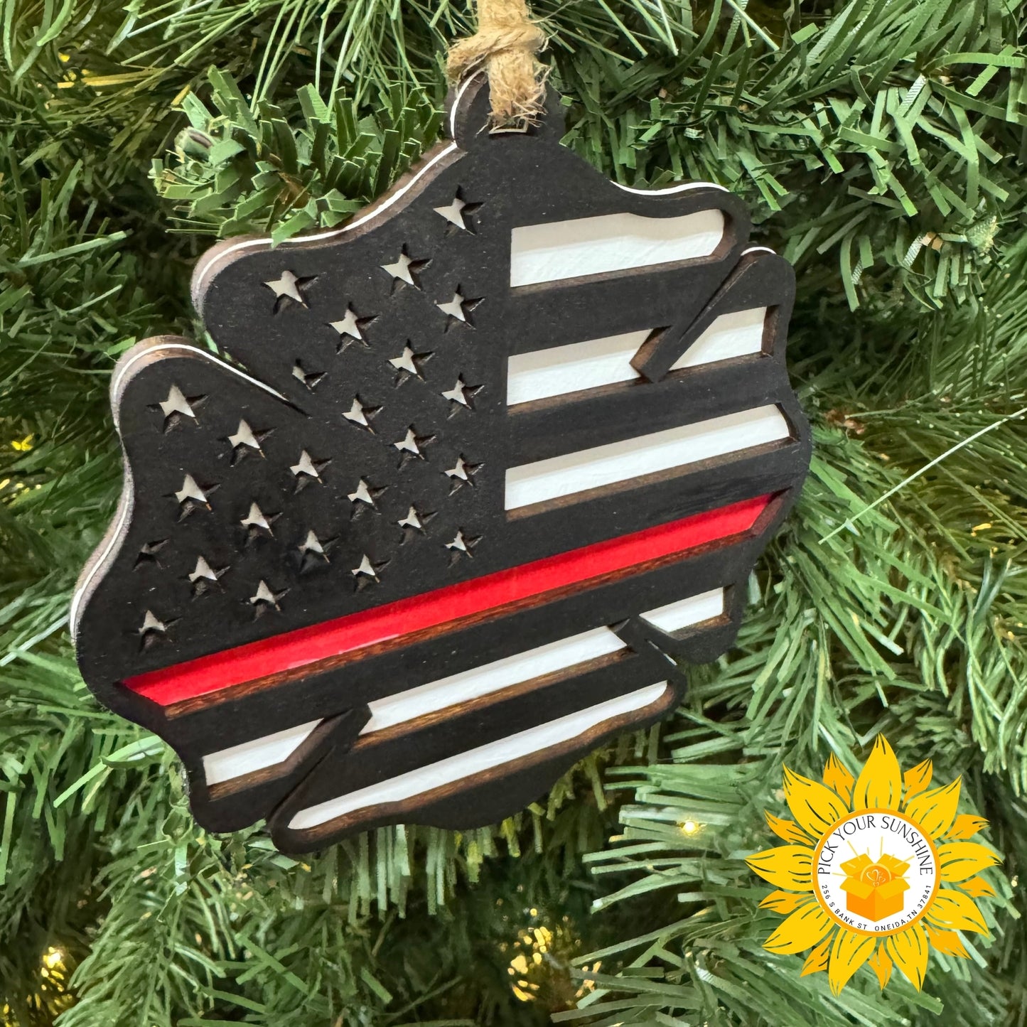 “Thin Red Line” Hand-Painted Firefighter Ornament with Thank You Card | Layered Wood Tribute
