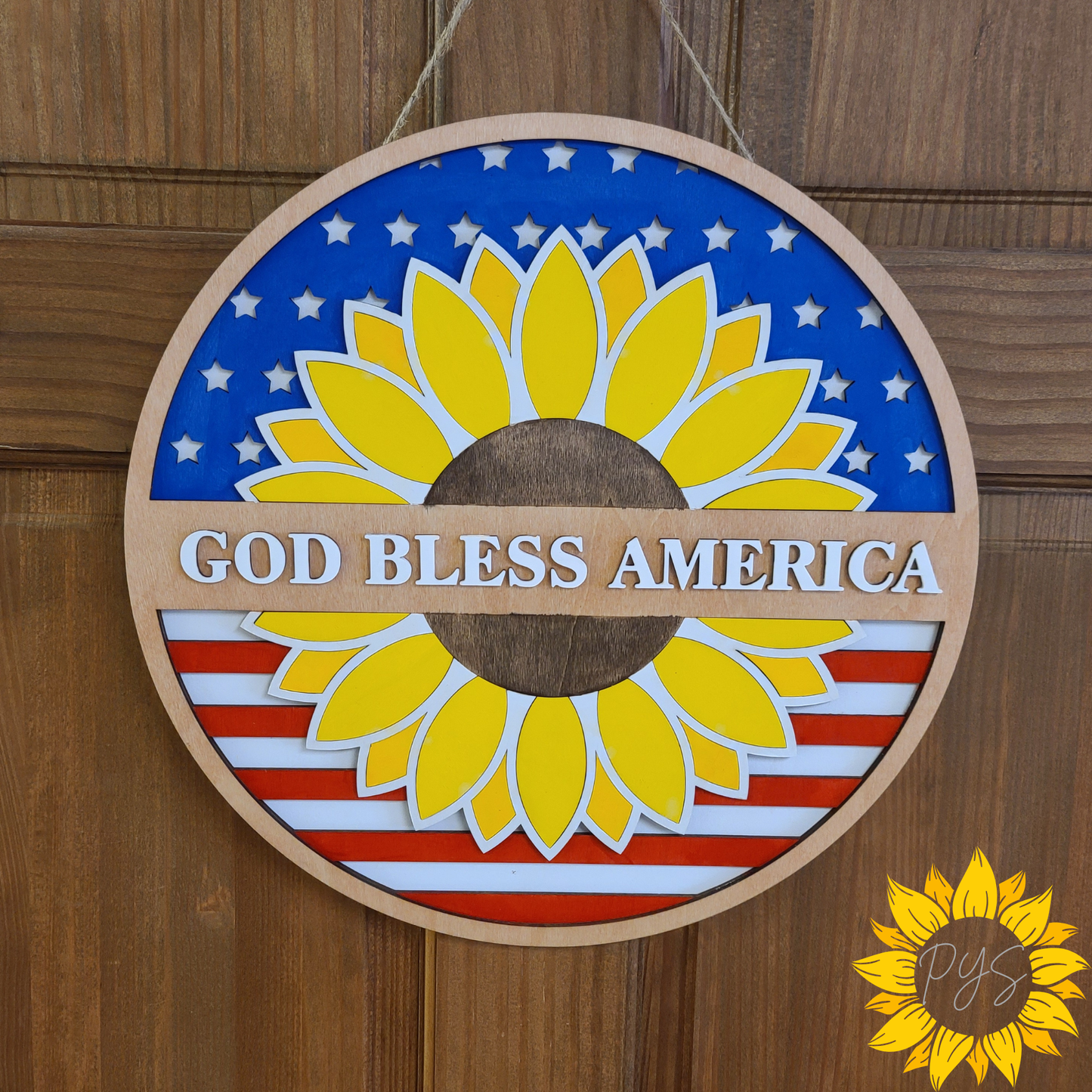 God Bless America Sunflower Wooden Door Hanger | Patriotic Front Door Sign | Americana Home Decor